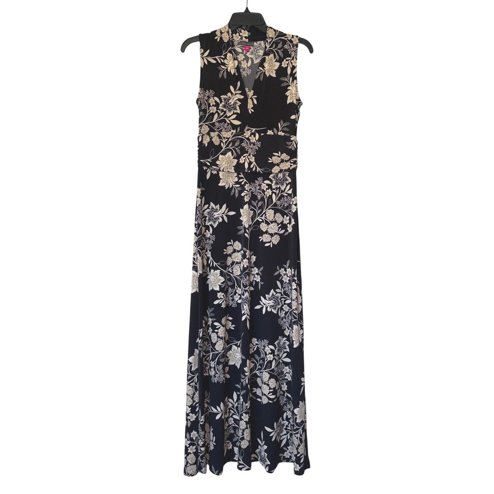 Vince Camuto Womens Navy Blue Floral V-Neck Sleeveless Maxi Dress Size S